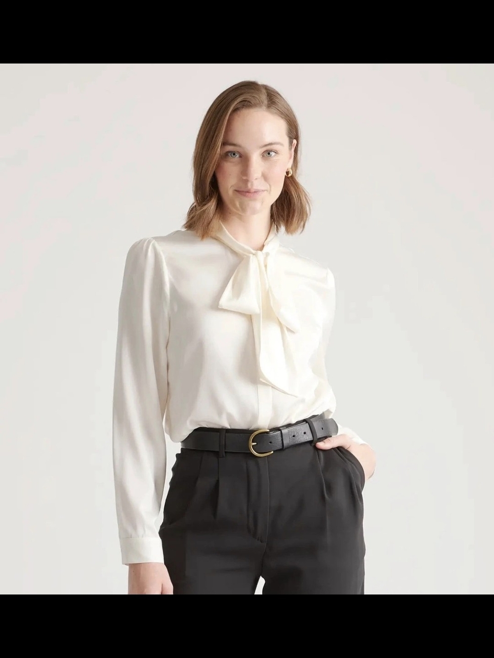 Quince Cream Tie-Neck Blouse
